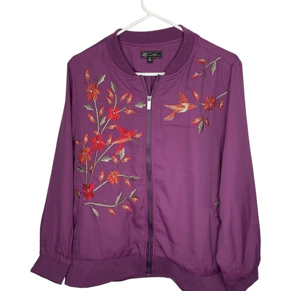 DG2 Bomber spring Jacket Bird Floral Embroidered Medium Purple Zip Front - Picture 1 of 6